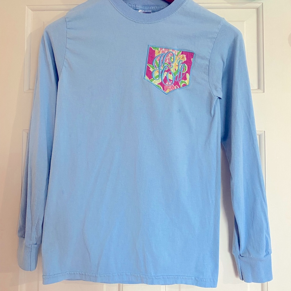 Monogrammed Long Sleeved Blue Tee Size Small